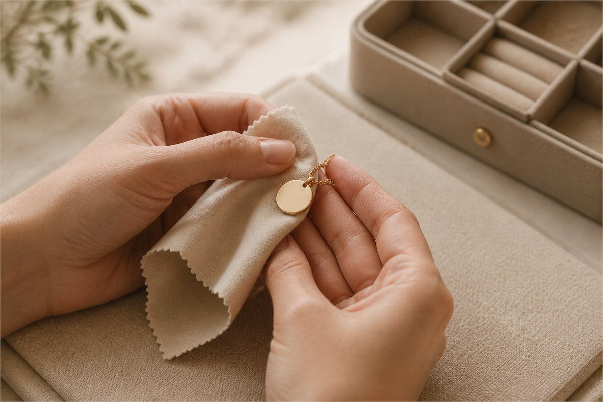 Hands gently wiping a plain gold-colored pendant and chain with a soft cloth beside a jewelry box