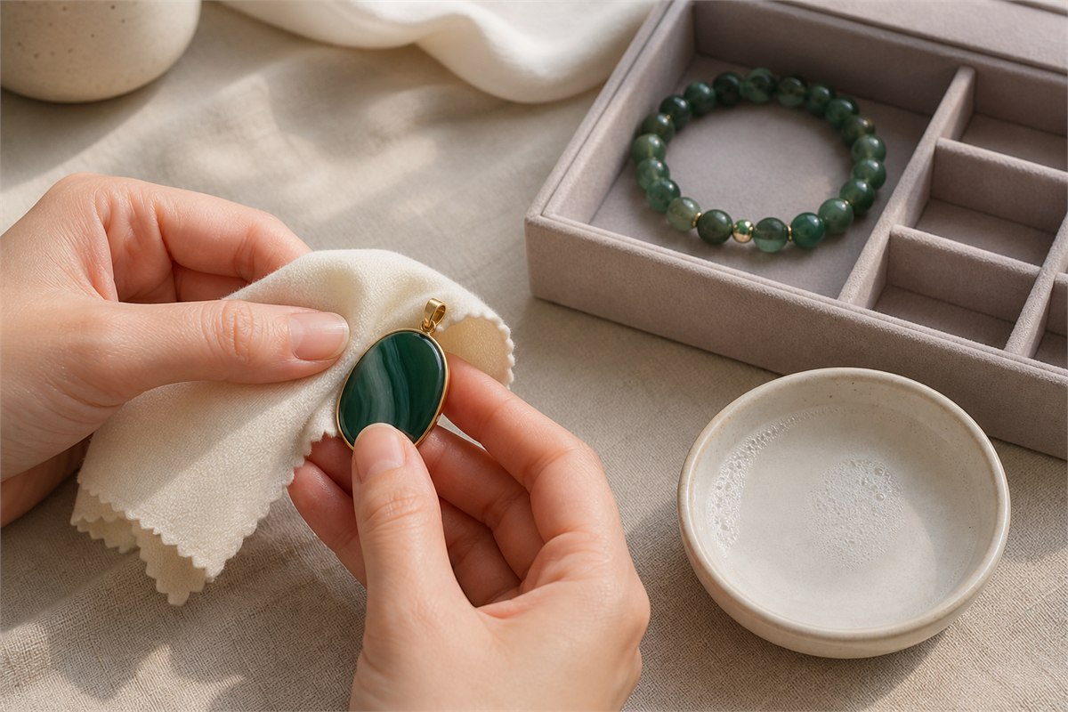 Hands wiping a green agate pendant with a soft cloth beside mild soapy water and separate bracelet storage