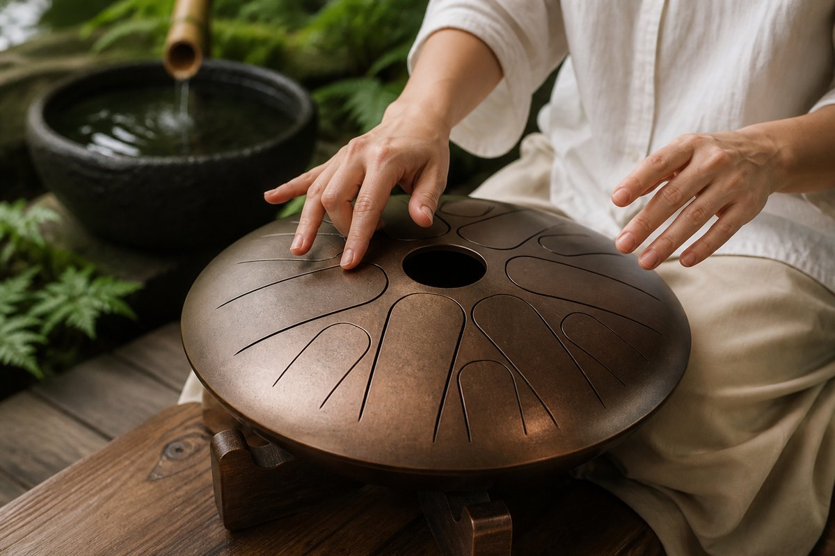 Adult hands lightly tapping separate cut metal tongues on a bronze rain drum
