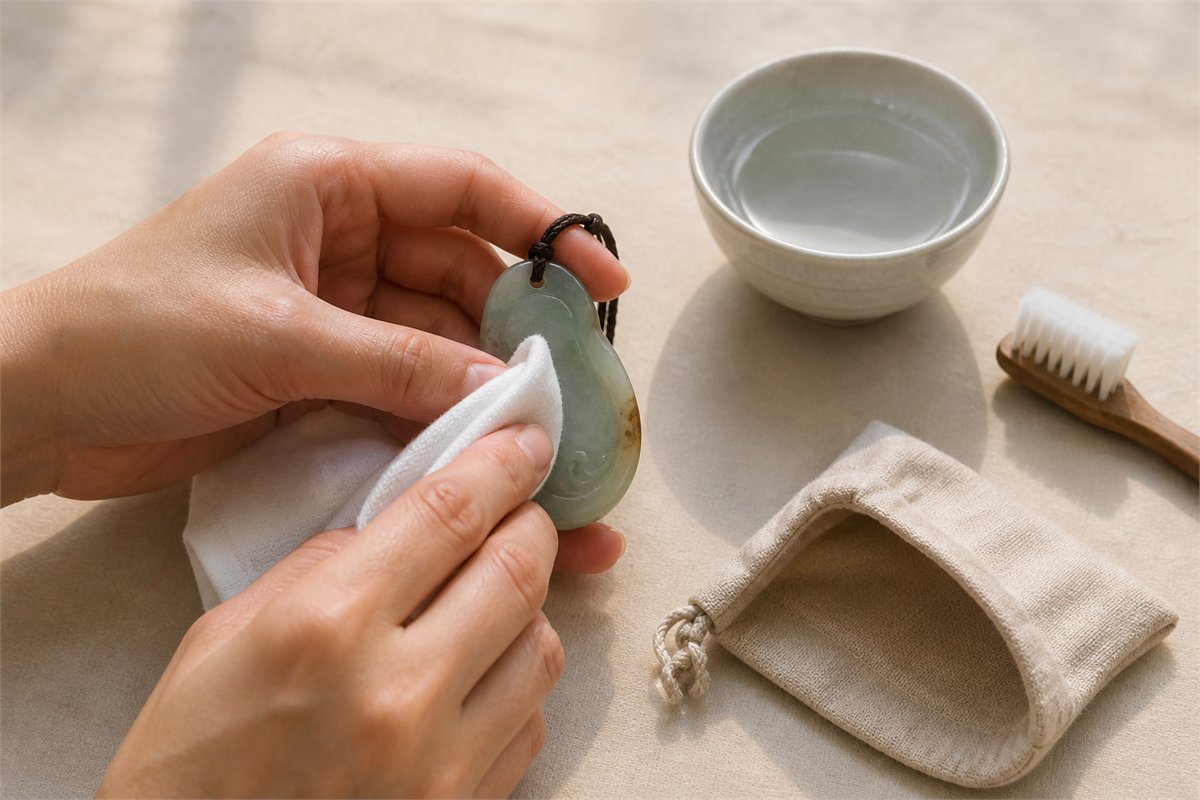 Adult hands wiping a pale jade pendant with a soft damp cloth beside clean water, a soft brush, and a fabric pouch