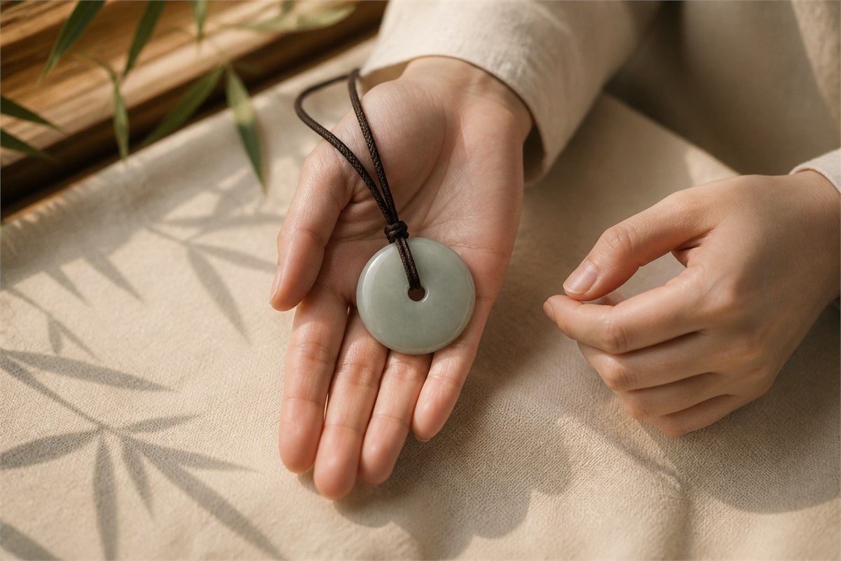 Clean hands gently hold a creamy celadon nephrite disc pendant over warm ivory linen.