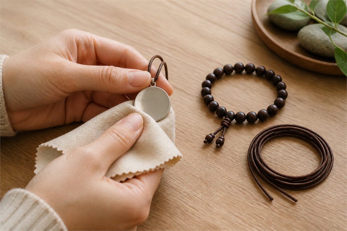Hands gently wiping a plain silver pendant beside wooden beads and neatly coiled cord