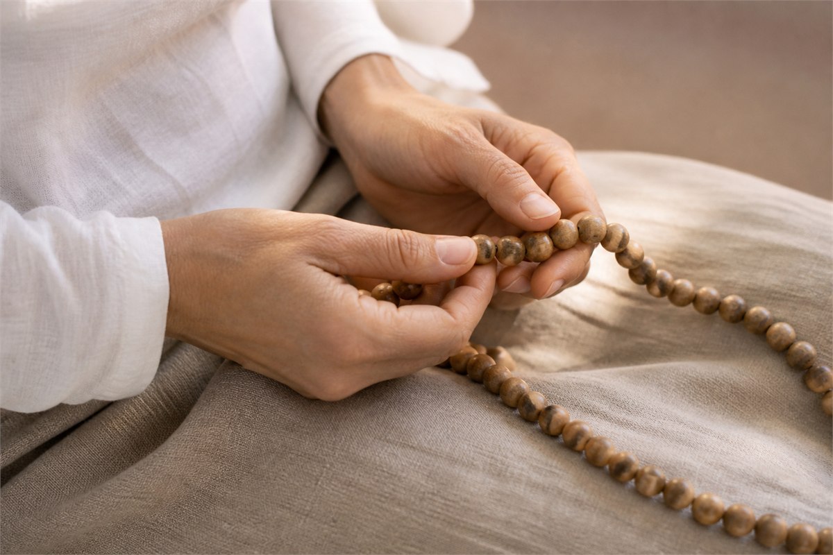 Relaxed hands gently advancing one wooden mala bead over linen-covered knees