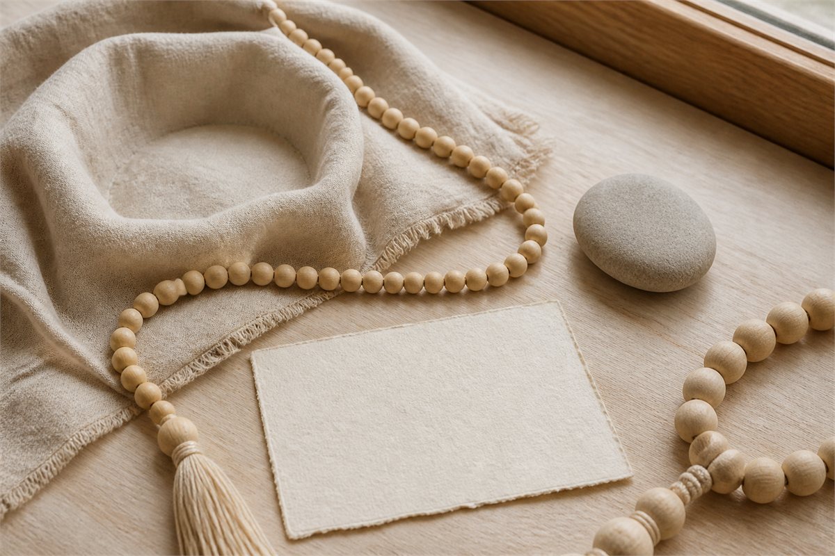 Pale wooden meditation beads beside blank handmade paper, linen, and a smooth stone in natural window light