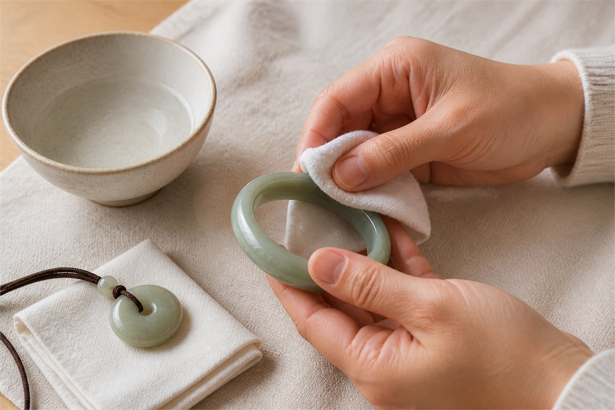 Hands wipe a plain green nephrite bangle with a soft white cloth beside a pendant and ceramic bowl.