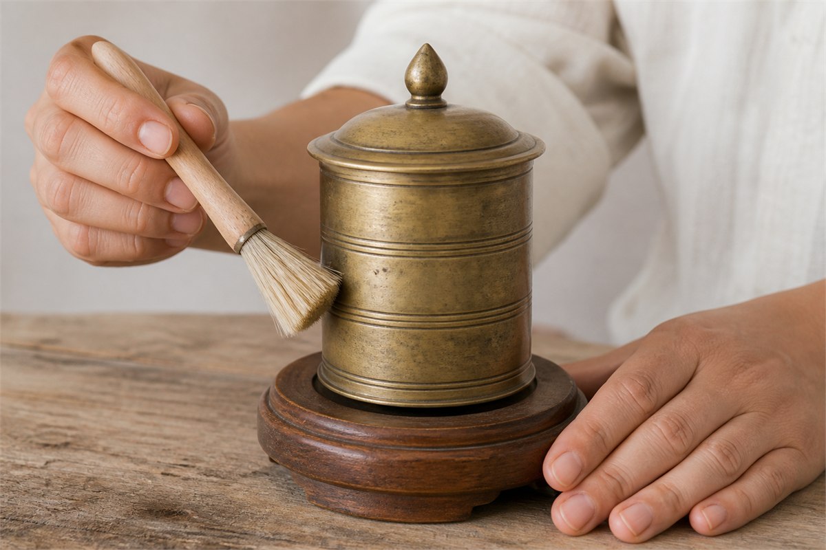 Adult using a soft brush to remove loose dust from a closed brass prayer wheel