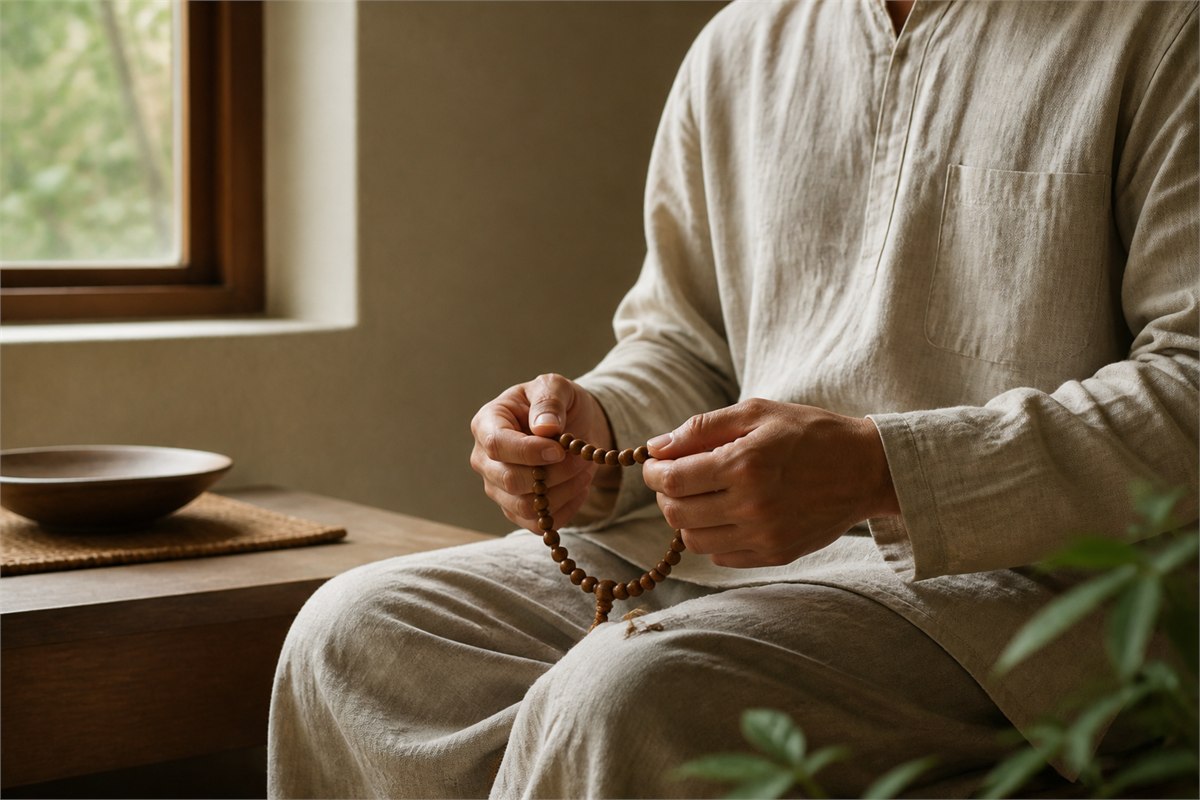 Relaxed seated person holding wooden prayer beads loosely at waist level in soft window light