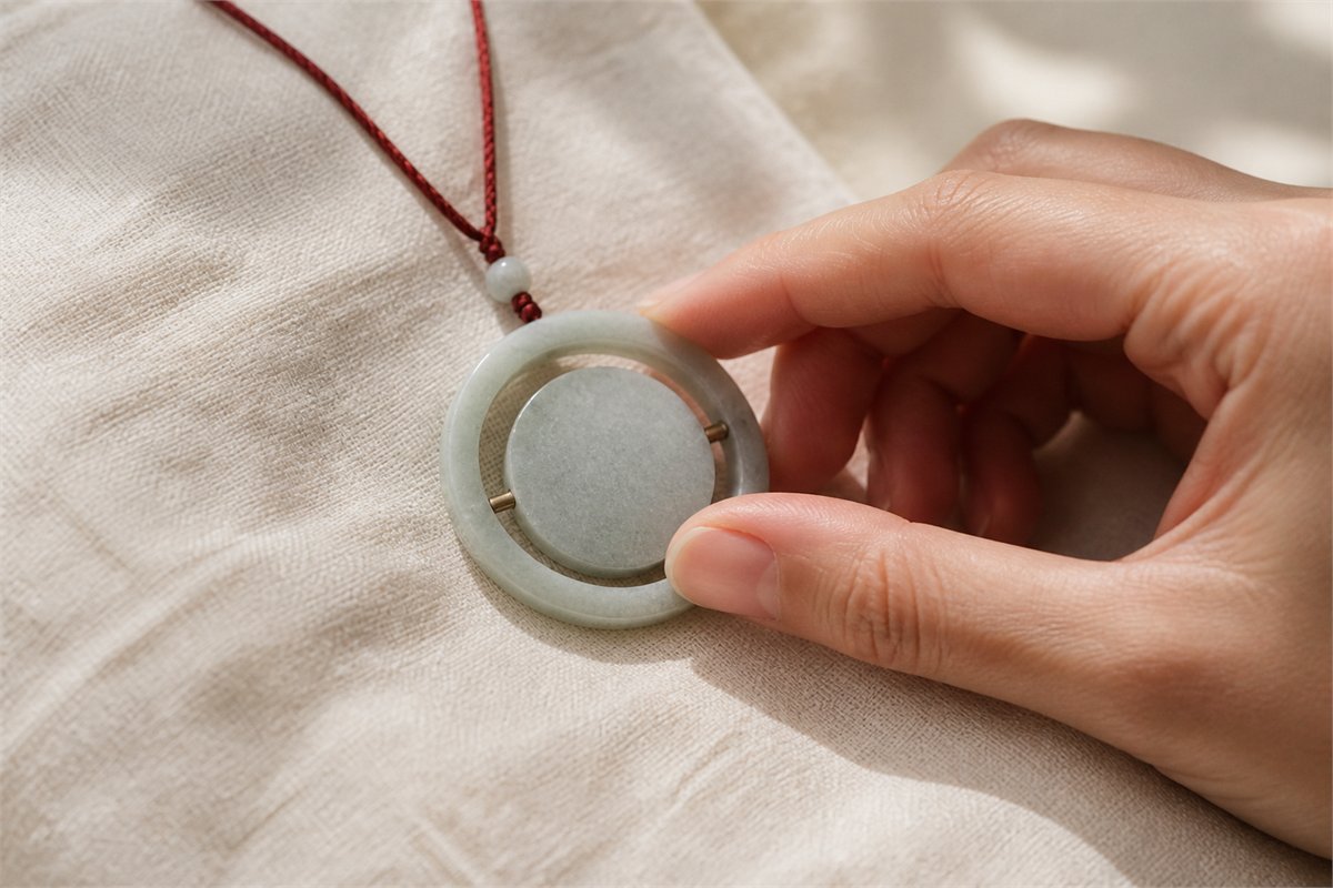 Hand gently holding a modern pendant with a muted green center supported by two pivots