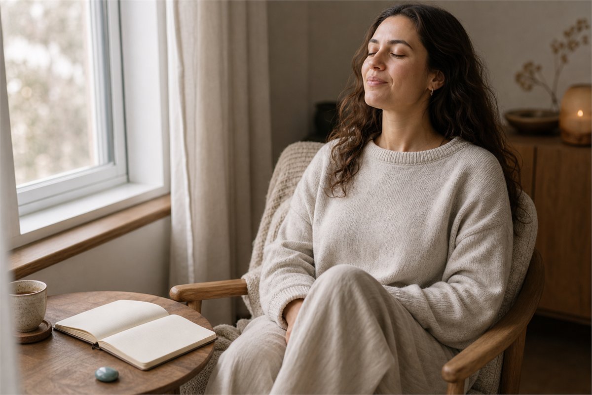 Adult seated comfortably by a window with relaxed shoulders, a blank journal, and a pale blue stone