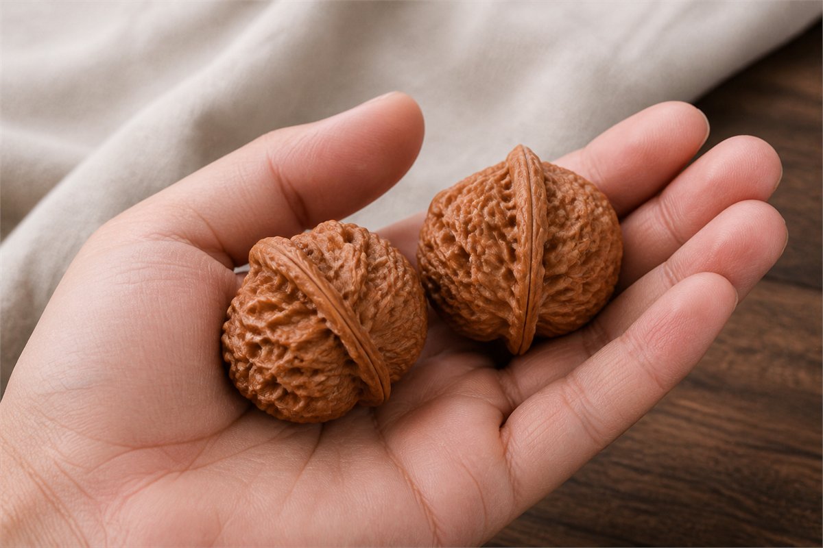 A relaxed hand gently holds a matched pair of Wenwan walnuts in warm natural light.