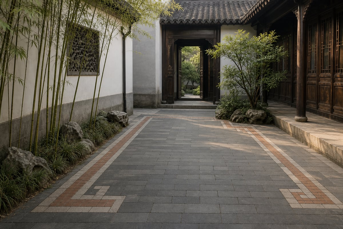 Gray stone courtyard path edged with a continuous right-angle terracotta tile border
