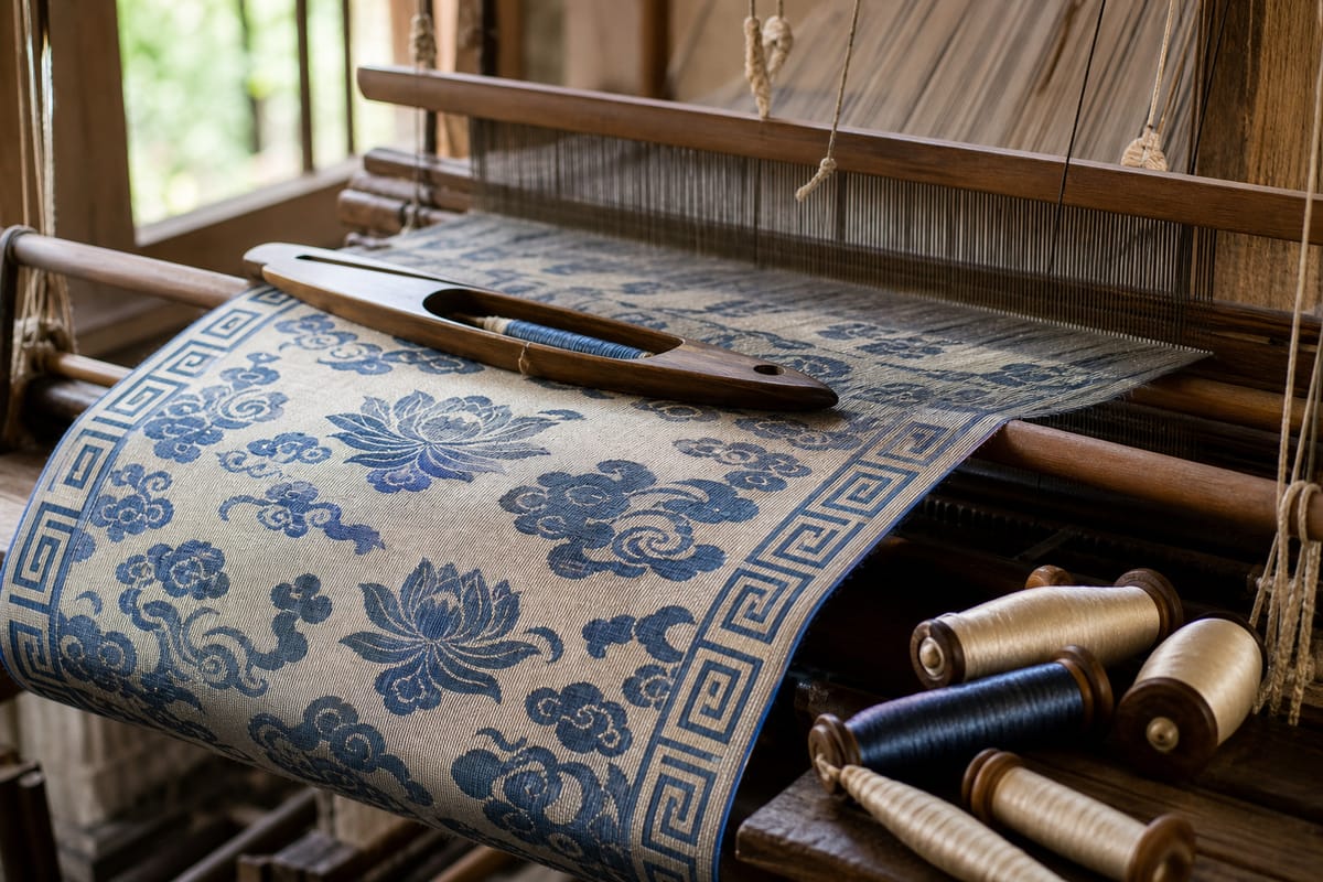Cream and indigo lotus textile with a squared border being woven on a wooden handloom