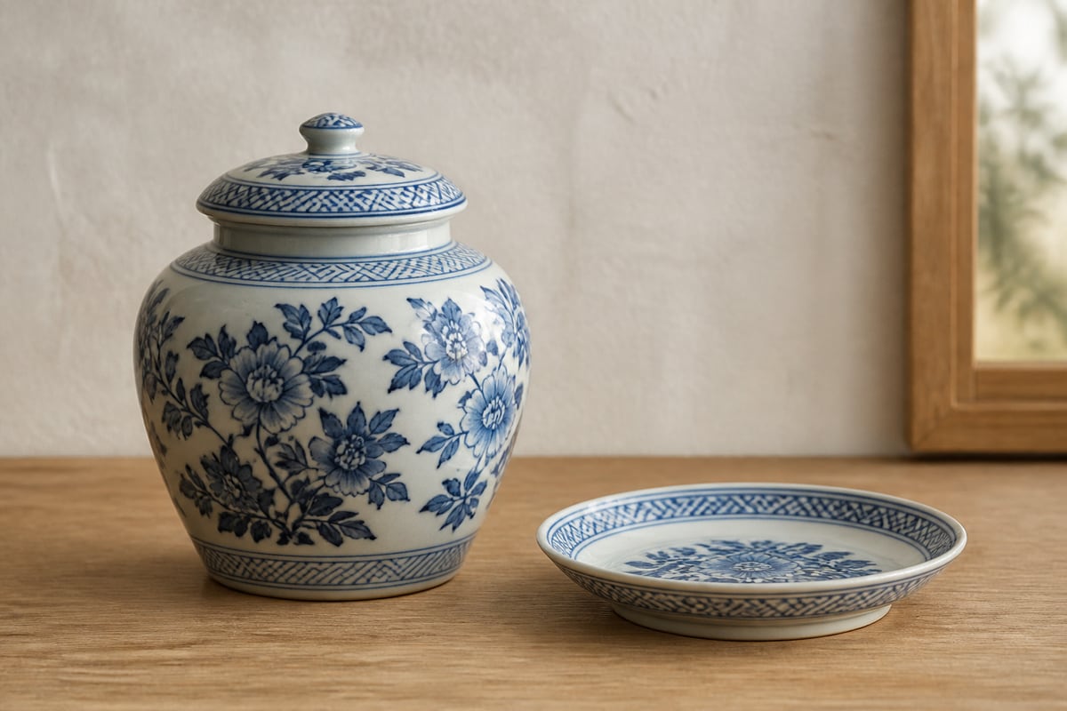 Blue-and-white porcelain covered jar and shallow dish with floral decoration and angular border bands