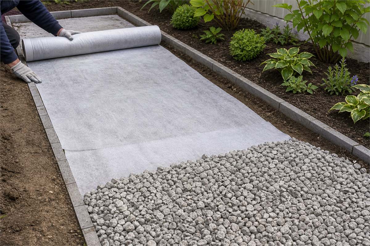 Permeable geotextile being placed under gravel while nearby planting crowns remain uncovered