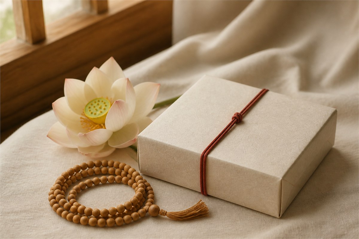 Neutral paper gift box tied with soft red cord beside a pale lotus and wooden beads