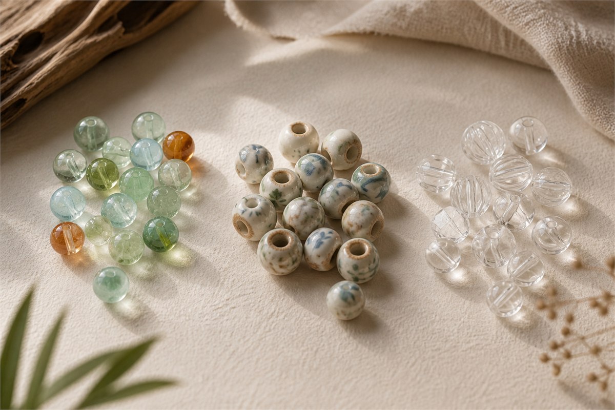Translucent glass, glazed ceramic, and clear acrylic beads in separate clusters