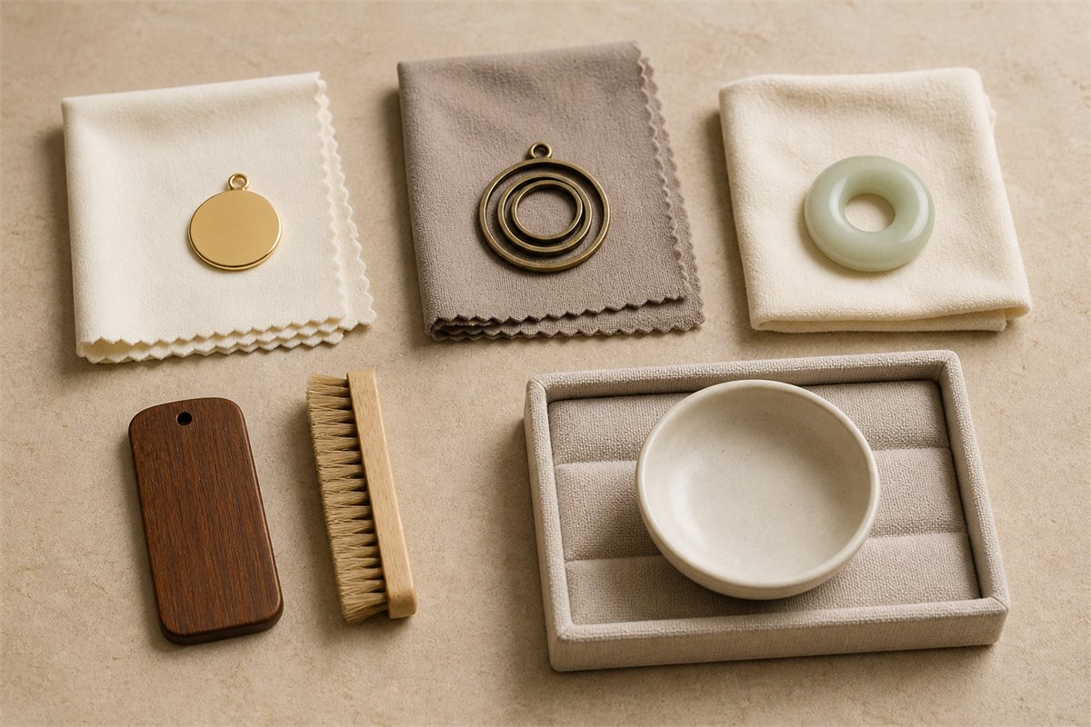 Plain gold-plated, brass, jade, wood, and ceramic objects arranged with separate dry care tools
