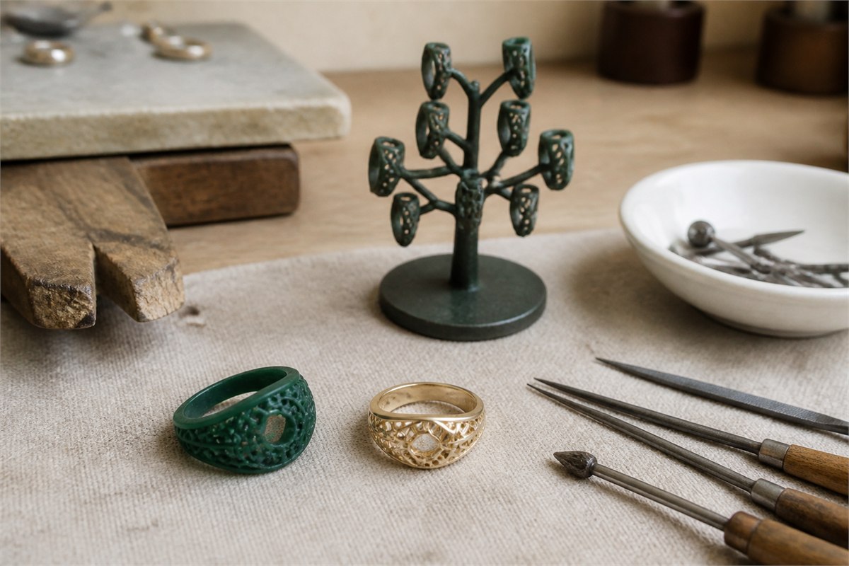 Jeweler workbench with green wax ring models and a formed gold openwork piece