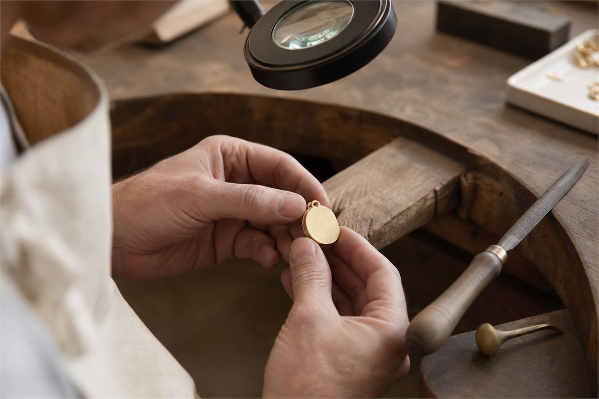 Artisan inspecting the edge and join of a matte gold pendant under a bench magnifier