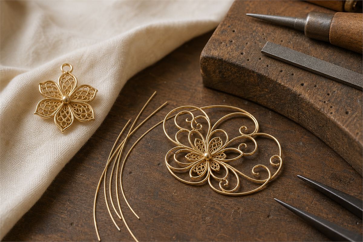 Fine gold wires and openwork floral filigree pieces on a jeweler bench