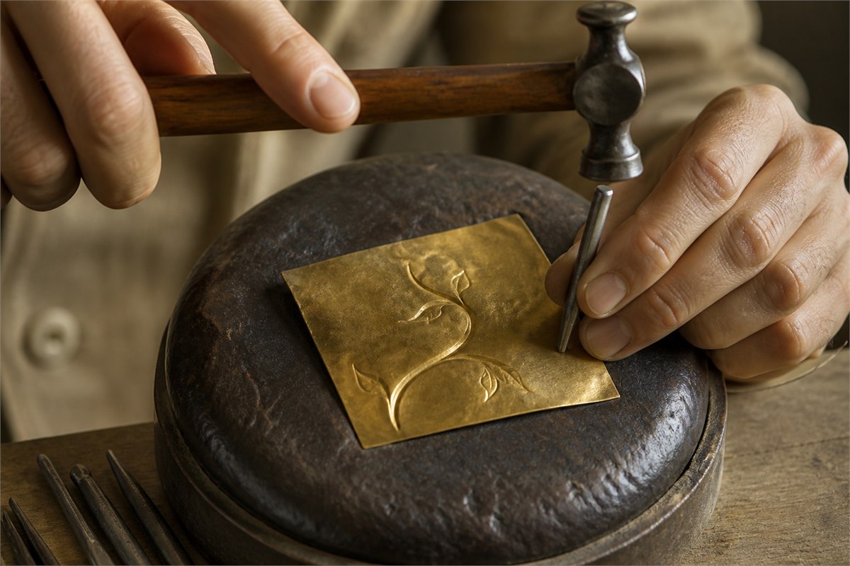 Artisan using a chasing hammer and punch on a botanical gold sheet relief