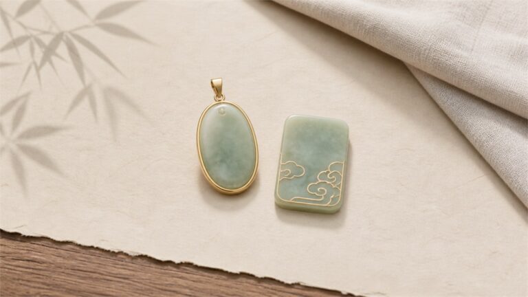 Gold-bezel jade pendant beside a jade plaque with flush gold cloud inlay on warm ivory paper