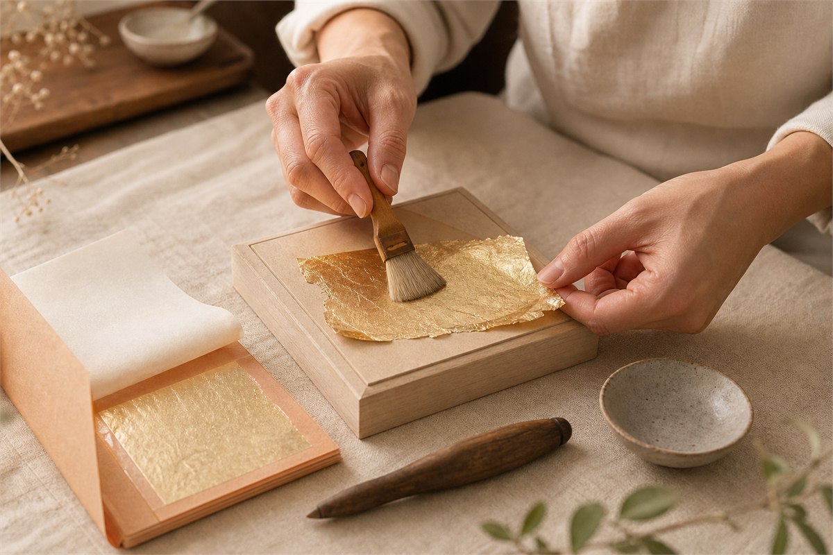 Artisan hands applying a delicate sheet of gold leaf to a plain wooden keepsake panel with a soft gilding brush
