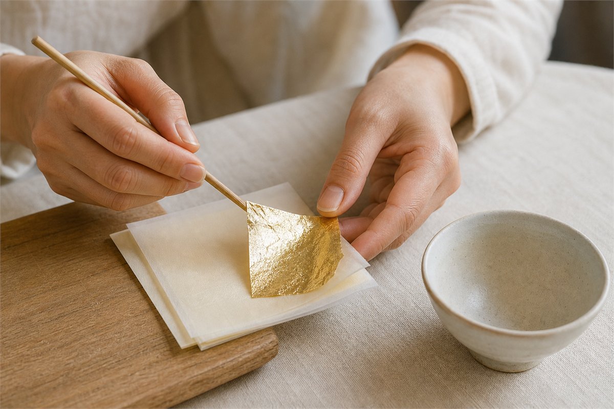 Hands carefully lifting a small sheet of gold leaf with a bamboo tool