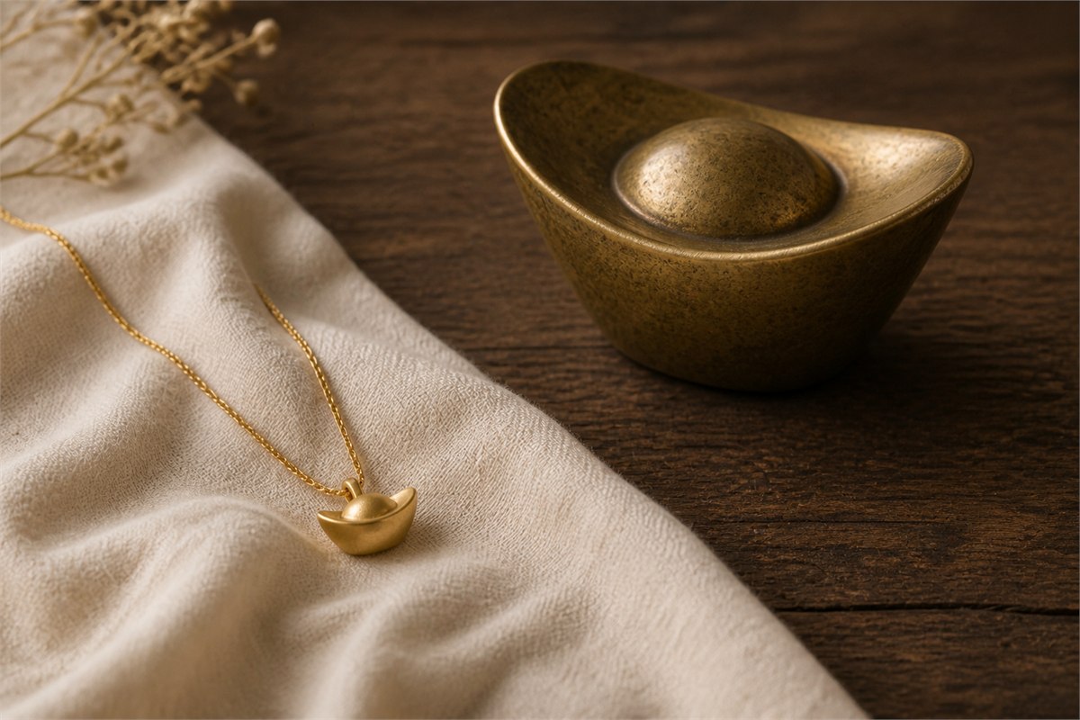 Small gold-colored sycee pendant on cream linen beside a larger aged-brass sycee ornament on wood