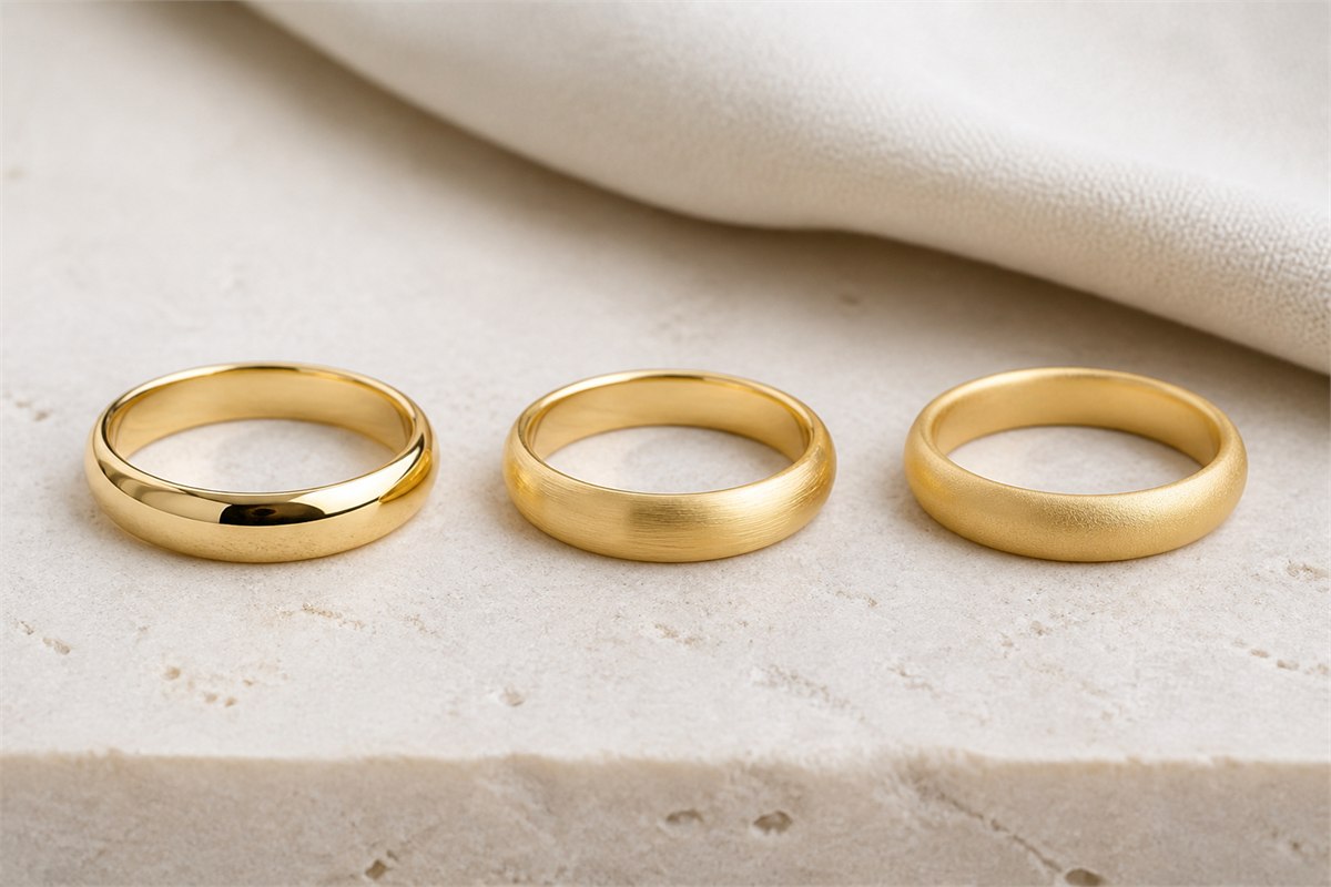 Three simple gold bands showing polished satin and matte surface finishes