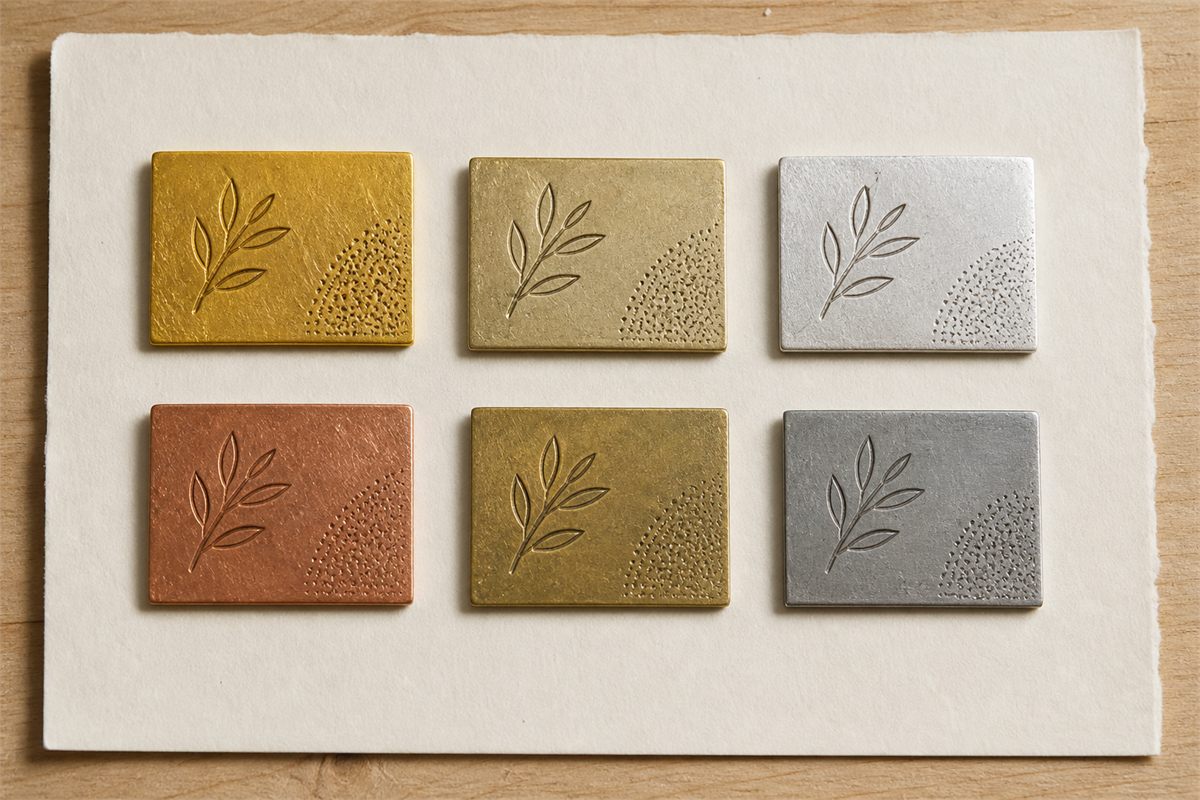 Six unlabeled gold, silver, copper, brass, bronze, and steel-toned sample tiles with a shared leaf motif