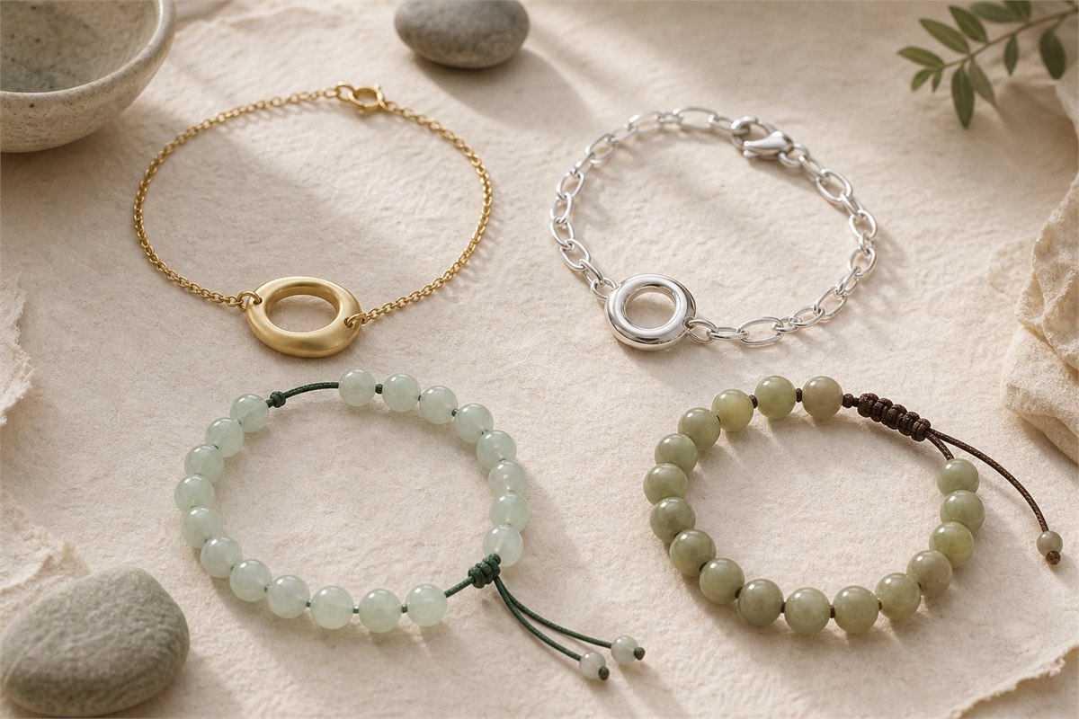 Gold-tone and silver-tone chain bracelets beside pale jadeite and darker nephrite bead strands