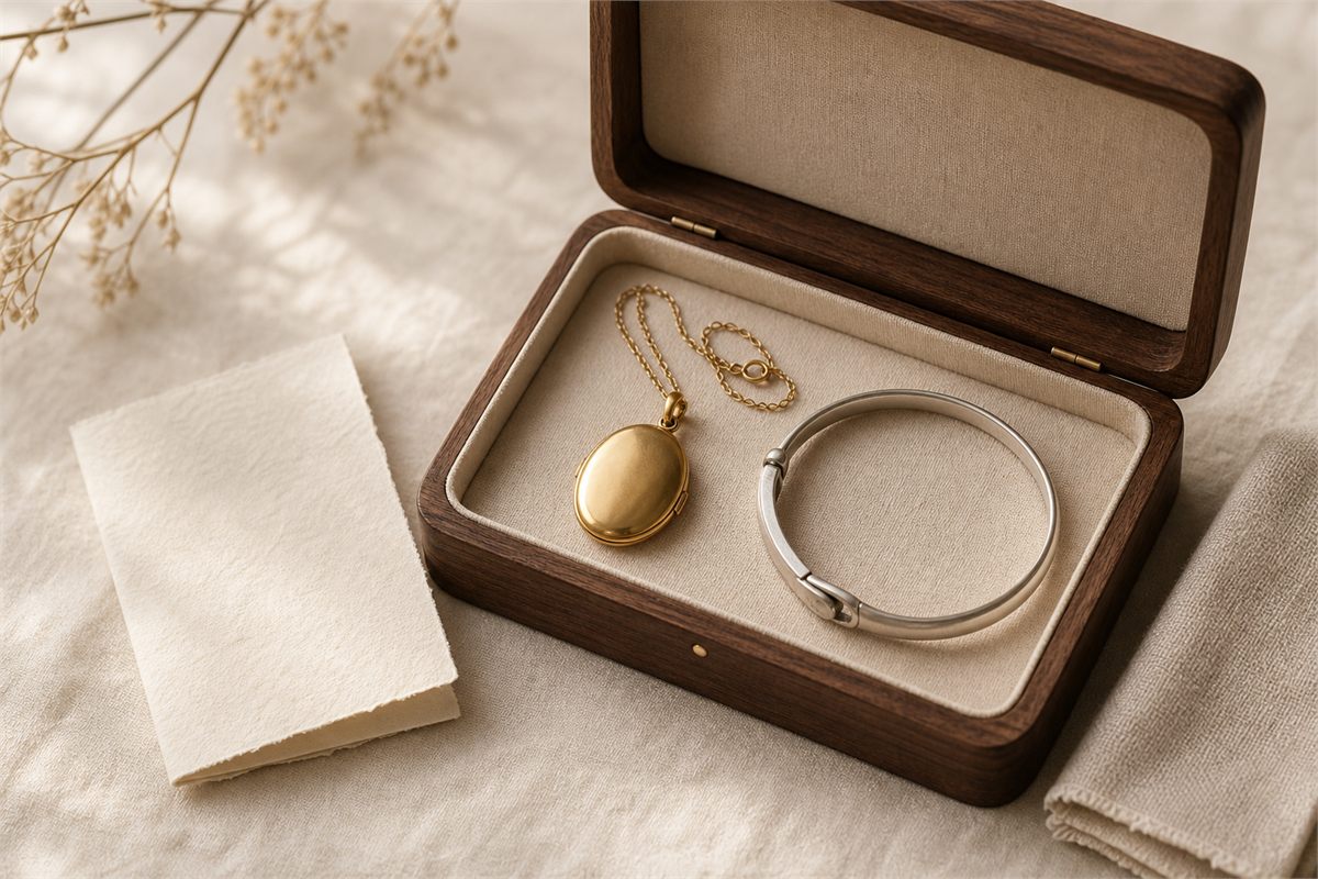Gold locket and silver bangle resting in a lined wooden keepsake box beside a blank folded note