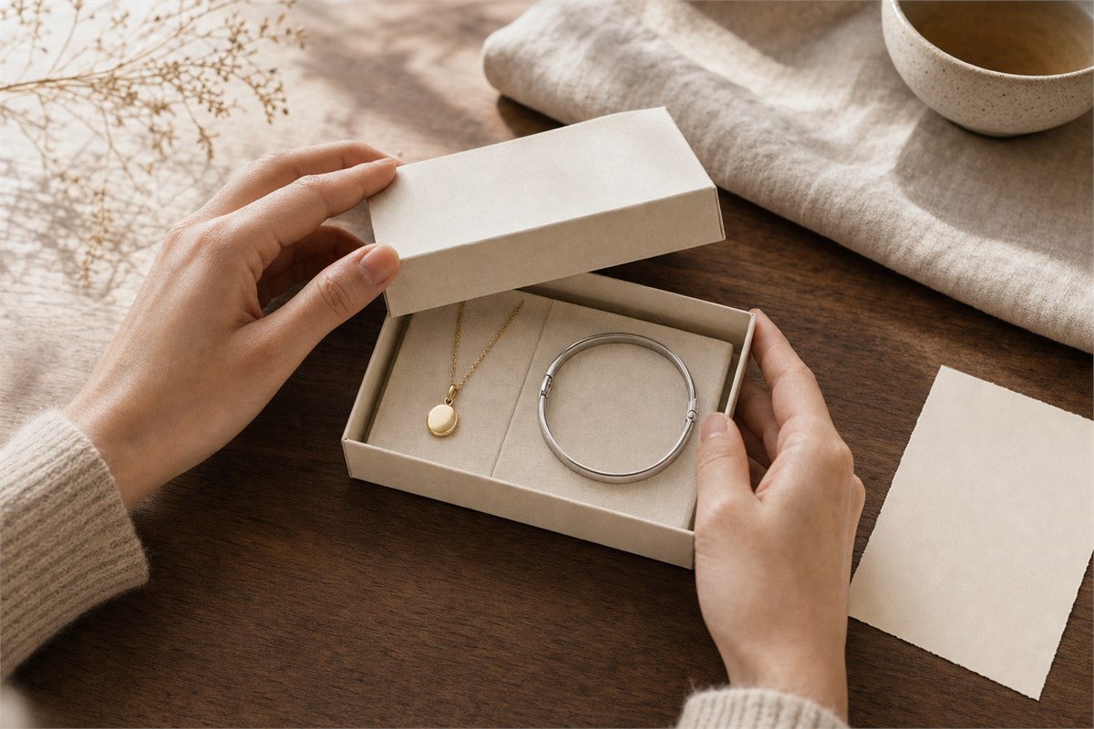 Hands opening a neutral gift box containing a gold pendant and a silver bangle on cream fabric
