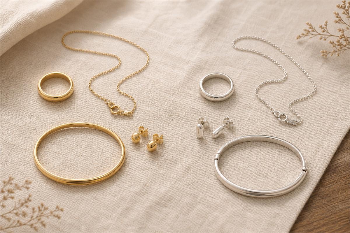 Separate groups of yellow gold and sterling silver rings, chains, earrings, and bangles on neutral cloth