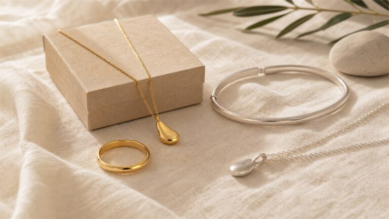 Yellow gold ring and chain beside a sterling silver bangle and pendant on ivory linen