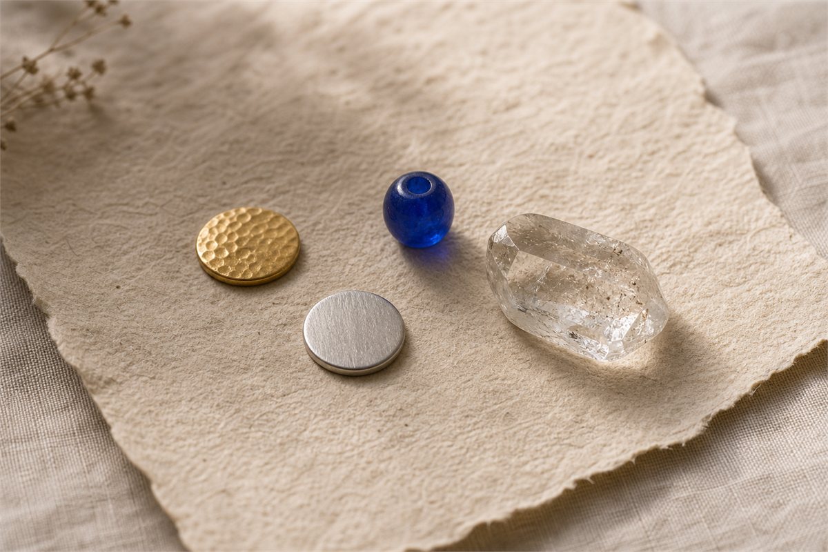 Hammered gold disc, brushed silver disc, deep blue translucent glass bead, and clear quartz crystal on handmade paper