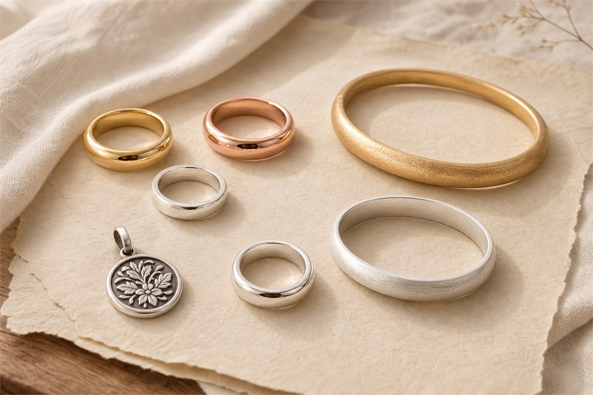 Yellow, rose, white, matte gold and bright, satin, and lightly oxidized silver jewelry arranged in separate groups
