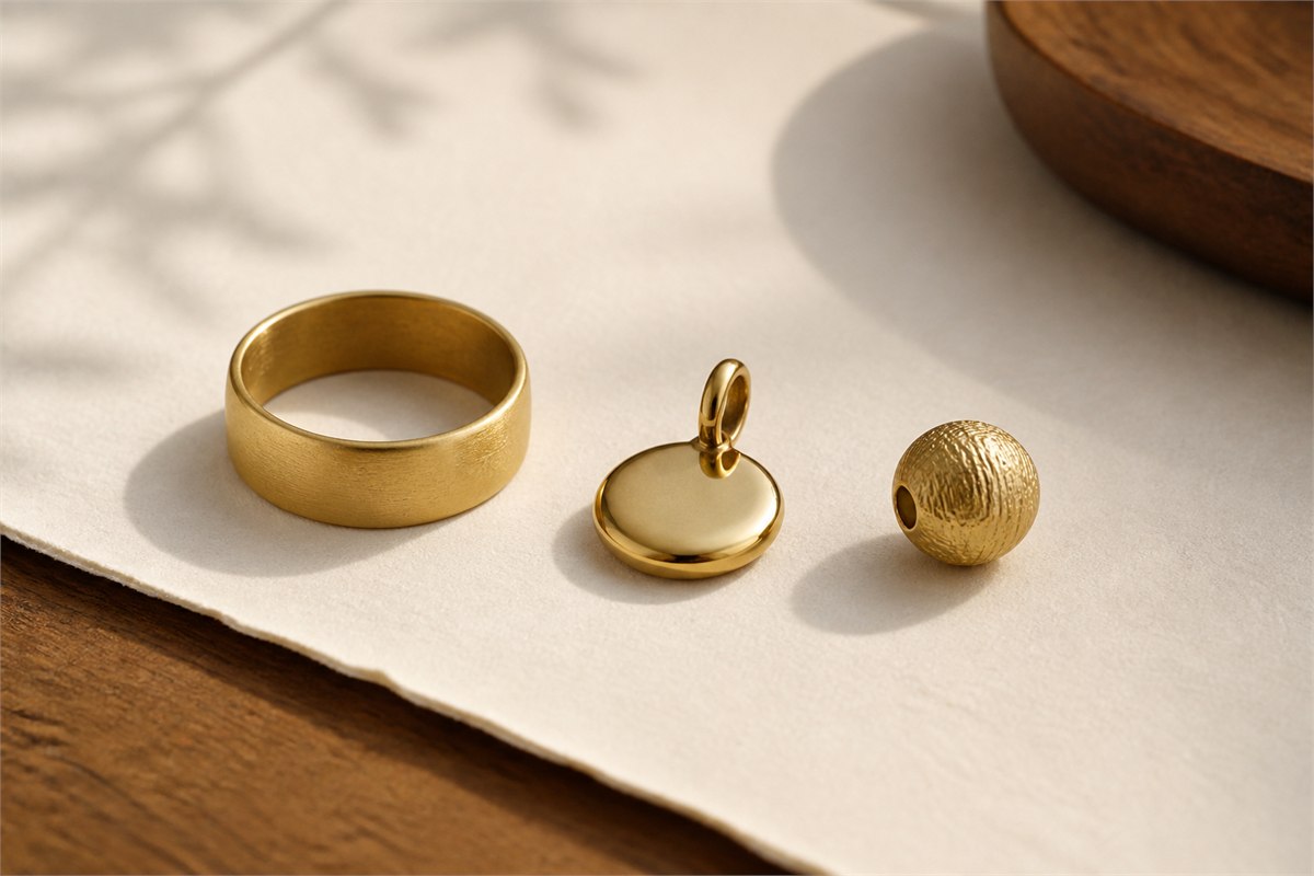 Matte band polished pendant and textured bead with different gold finishes and forms