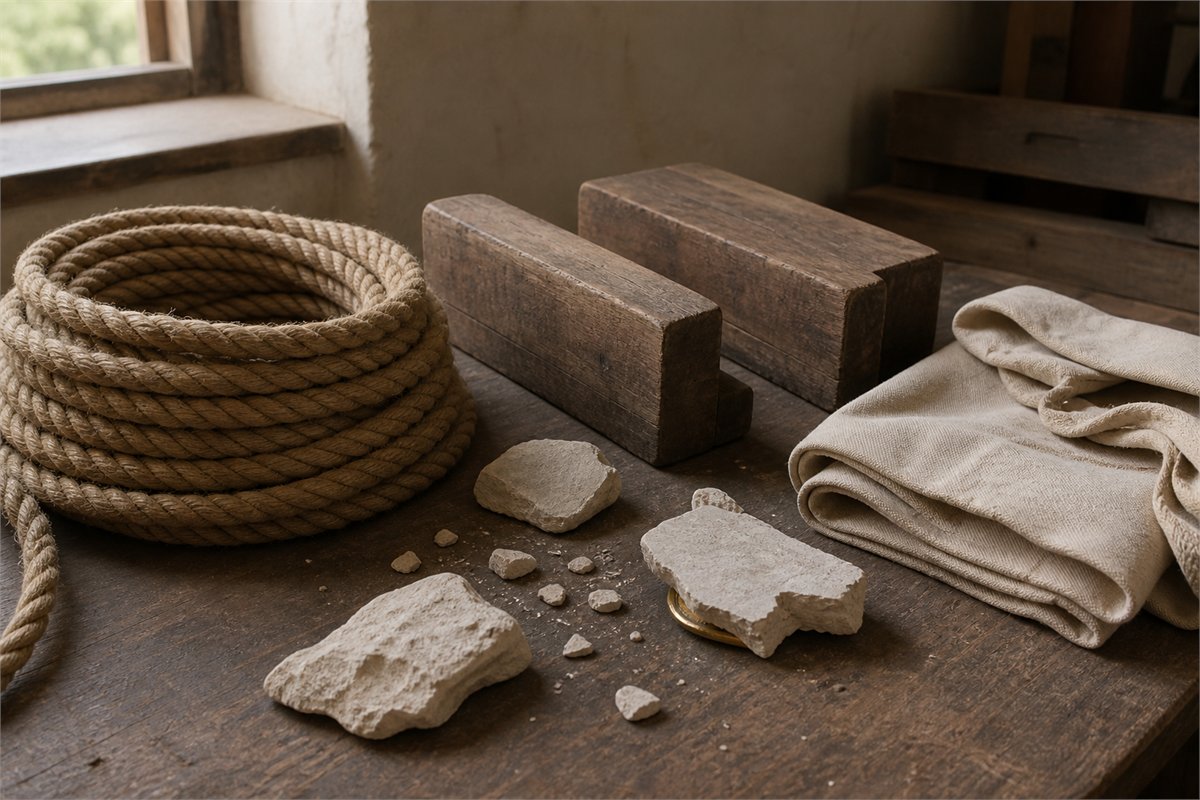 Rope, teak supports, canvas, plaster fragments, and a gold-colored edge