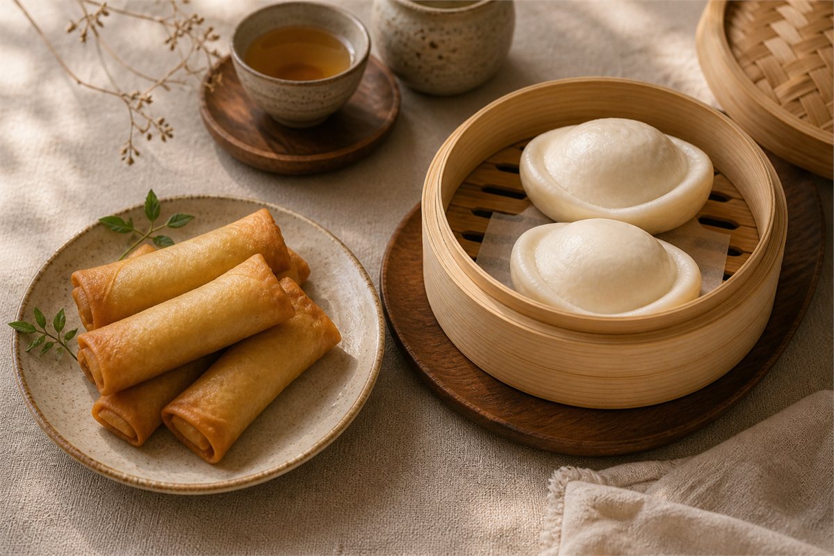 Golden spring rolls and two sycee-shaped steamed buns in a bamboo steamer on a neutral table