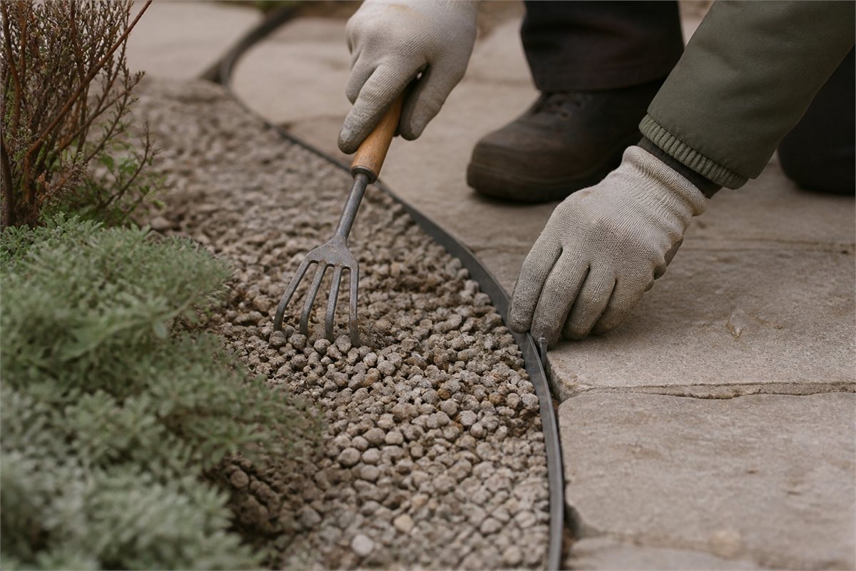 Gloved gardener resetting metal edging and raking escaped gravel back from a stone path