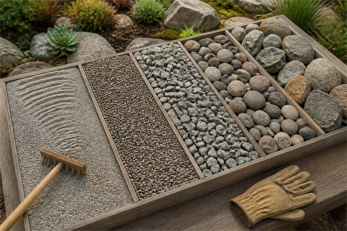 Five gravel samples arranged from fine particles to larger angular aggregate