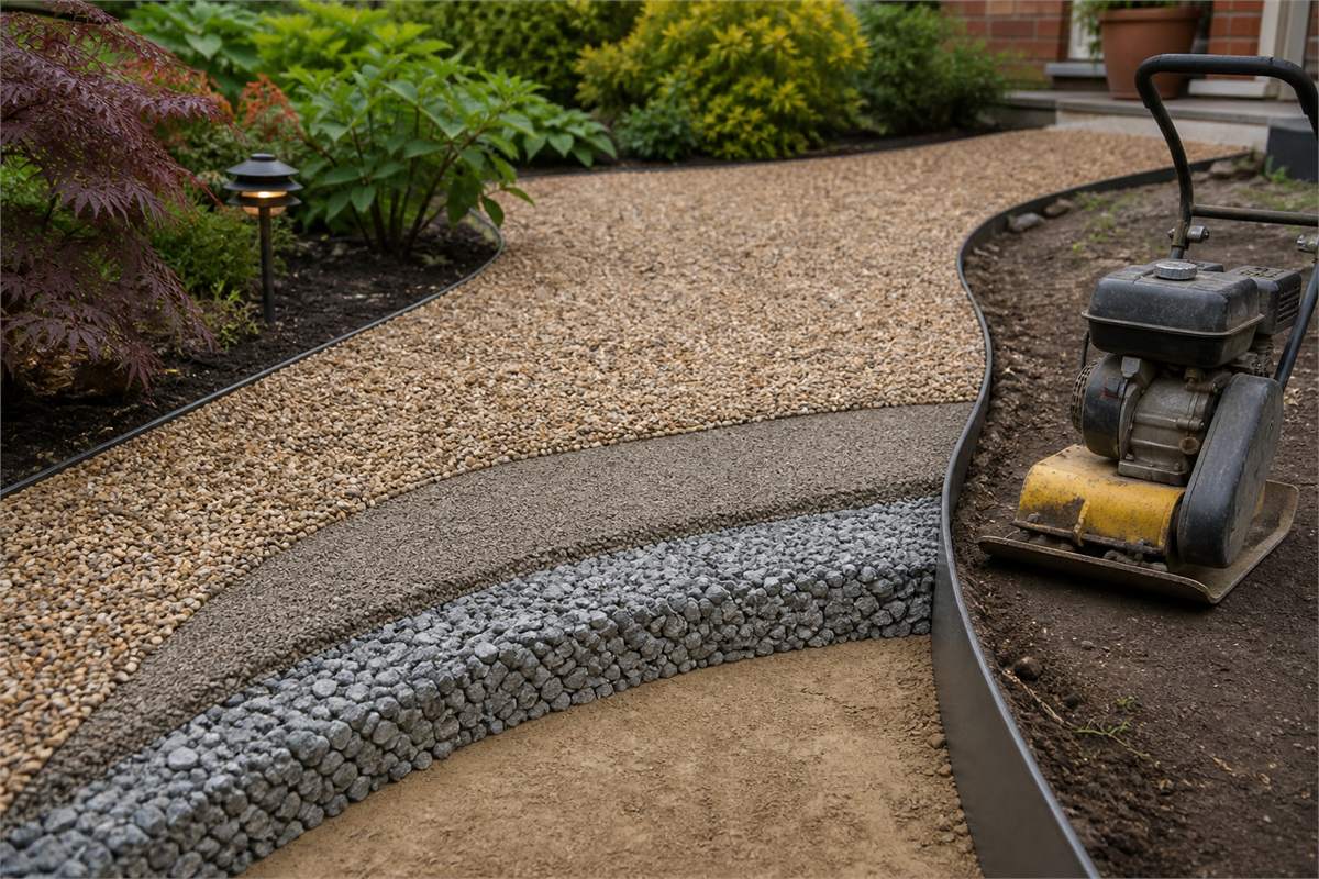 Open gravel path section showing compacted base layers, edging and surface aggregate