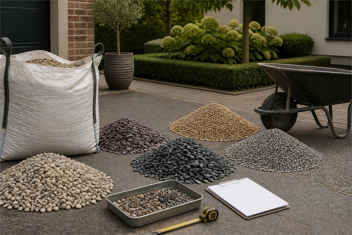 Several aggregate piles, a bulk bag, wheelbarrow, sample tray and measuring tape