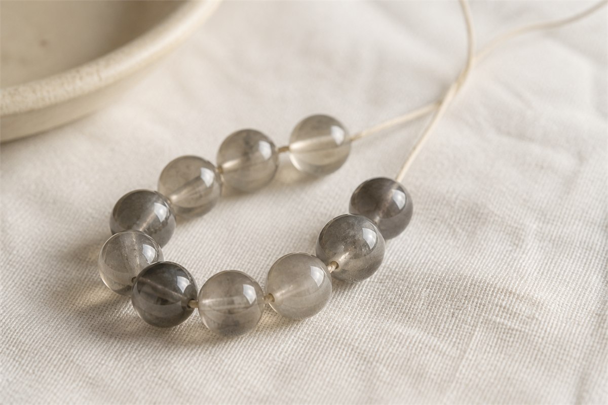 Strand of smoky gray feldspar beads ranging from translucent to softly opaque with visible drill holes and cord