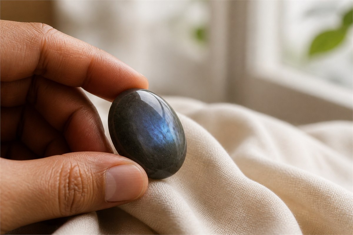 Hand gently turning a smoky gray feldspar cabochon beside a window to observe its changing blue sheen