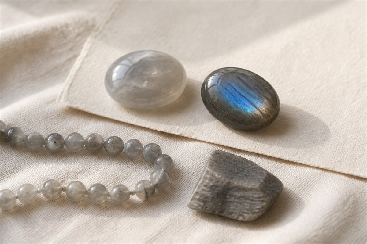 Pale and dark gray feldspar cabochons, a drilled gray bead strand, and a rough gray feldspar piece on neutral fabric