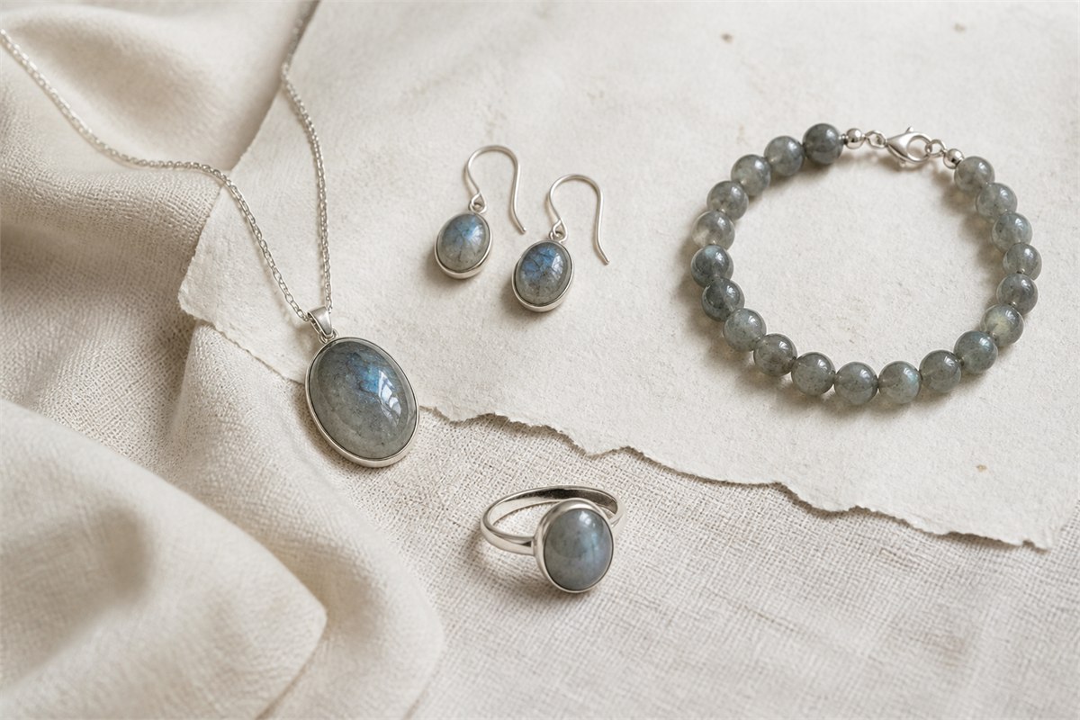 Gray feldspar pendant, drop earrings, bead bracelet, and low bezel-set ring on ivory linen