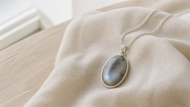 Smoky gray feldspar cabochon pendant with soft blue-white sheen on warm ivory linen